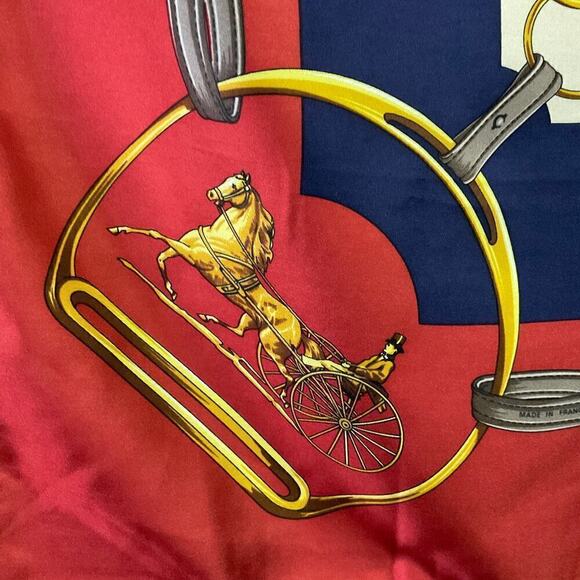 CELINE Paris 100% Silk Scarf Equestrian Motif Vintage Red Gold - Picture 14 of 16